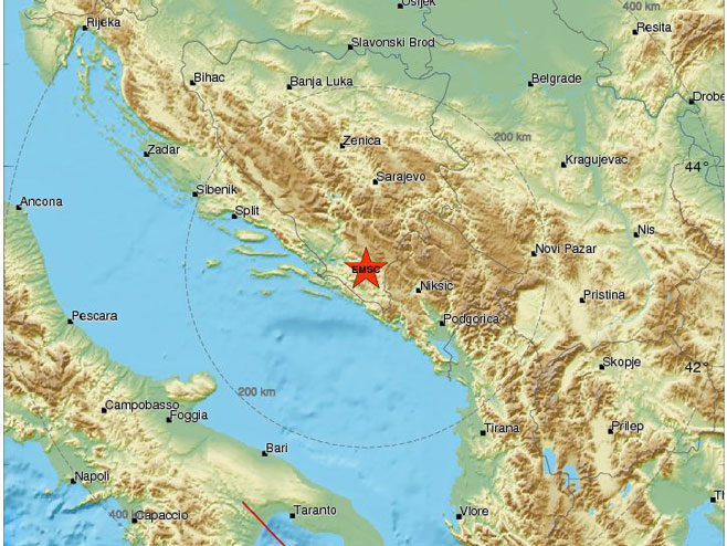 Земљотрес код Љубиња (Фото: www.emsc-csem.org) - Фото: РТРС